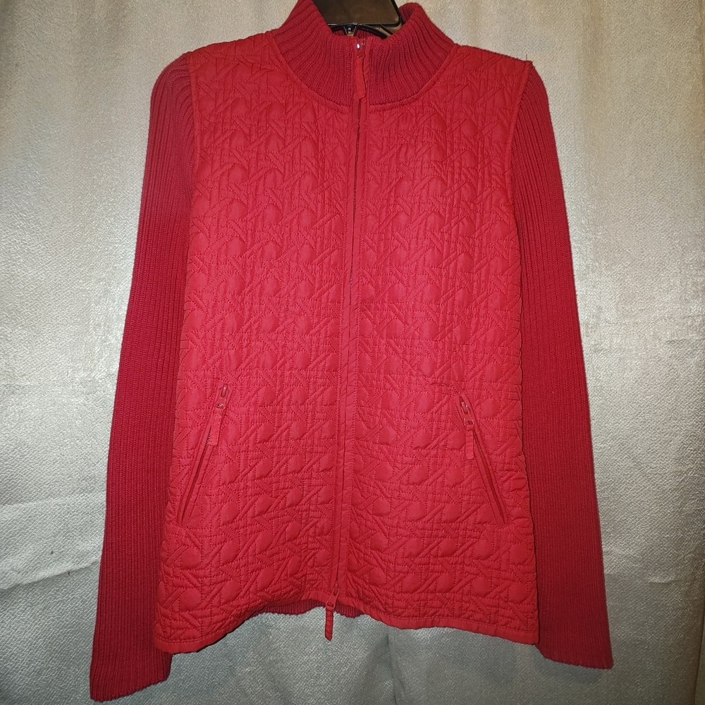 Harve Benard Red Quilted Zip-Up Jacket Mock Neck Sweater Size Medium - Picture 2 of 8